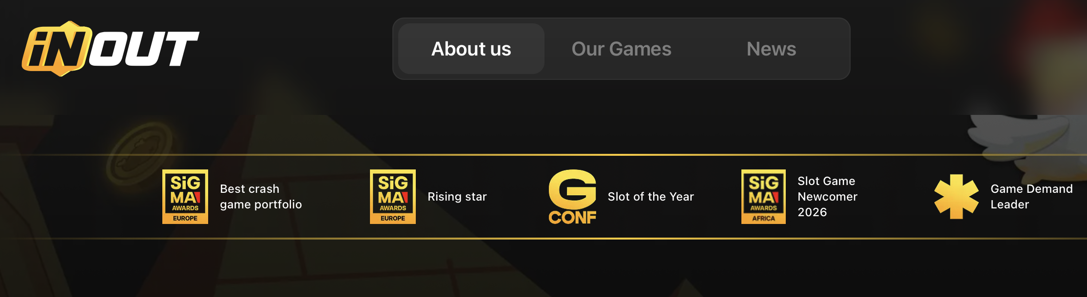 InOut Games Utmärkelser — SiGMA Bästa Crash Game Portfolio, Rising Star, G-CONF Slot of the Year, SiGMA Slot Game Newcomer 2026