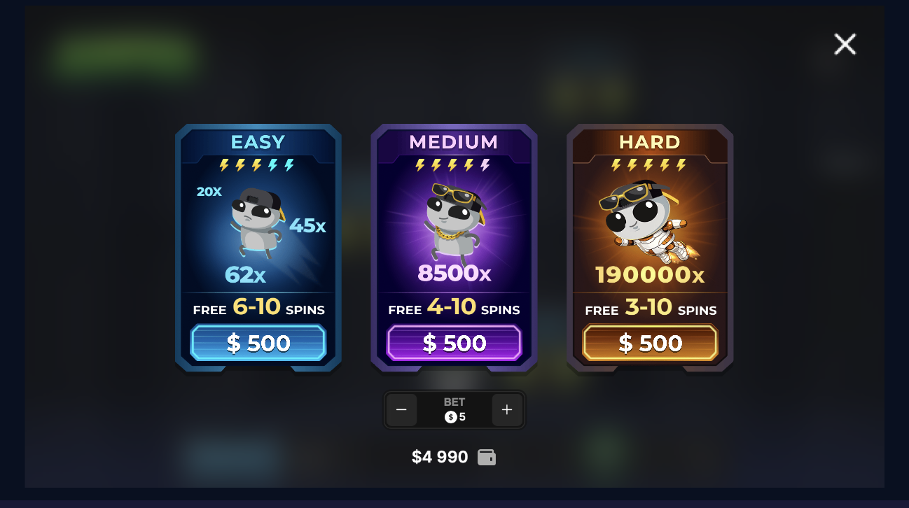 Jumper slot Bonus Buy skärm — Lätt 62x, Medium 8500x, Svårt 190000x lägen, kostnad $500 vid $5 insats