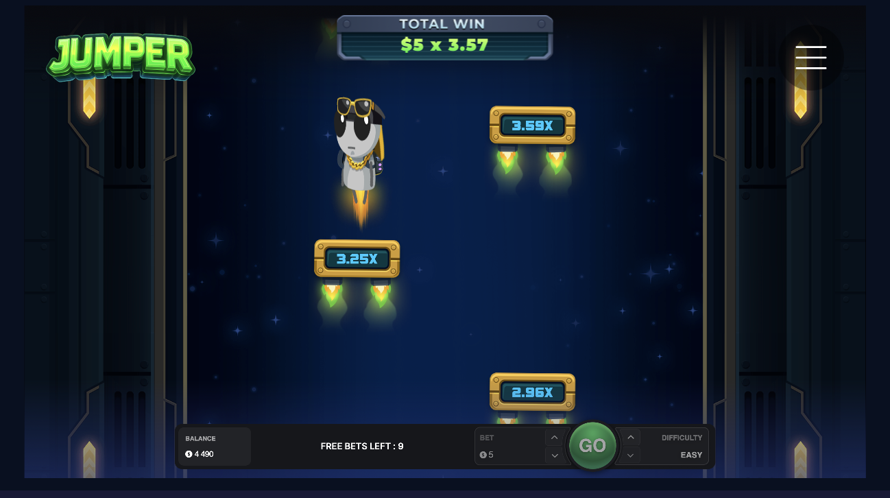 Jumper slot bonusrunda — karaktär med jetpack booster, multiplikatorer 2.96x, 3.25x, 3.59x, Total Vinst $5 x 3.57
