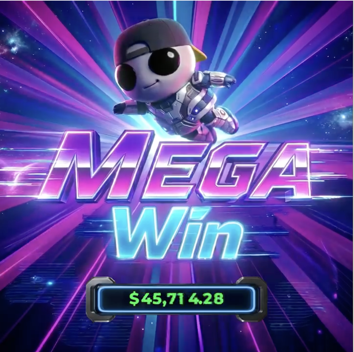 Jumper slot Mega Win skärm — $45,714.28 vinst, karaktär som flyger med lila och rosa neon-strålar